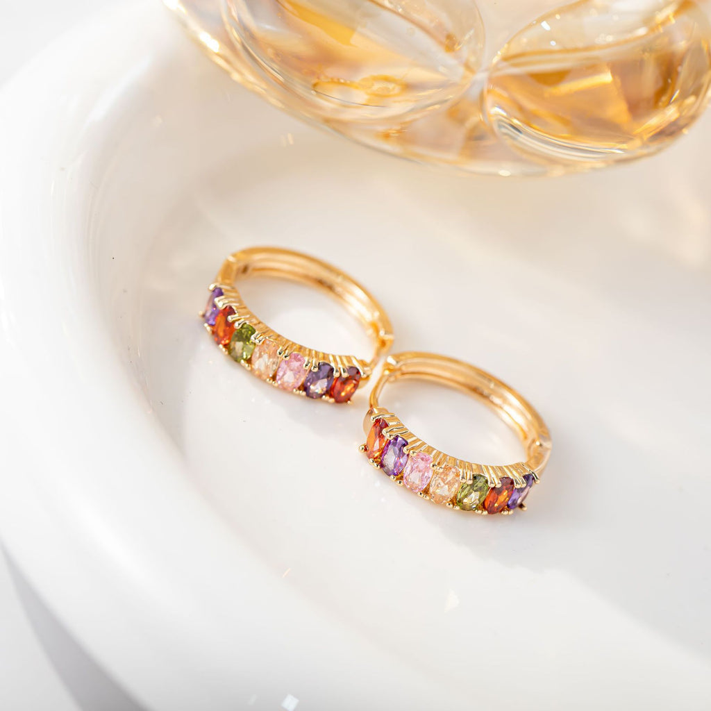 Rainbow Crystal Gold Hoop Earrings